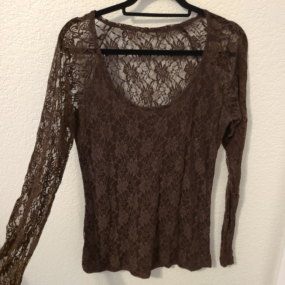Woman's Lace Long Sleeve Shirt Brown XXL